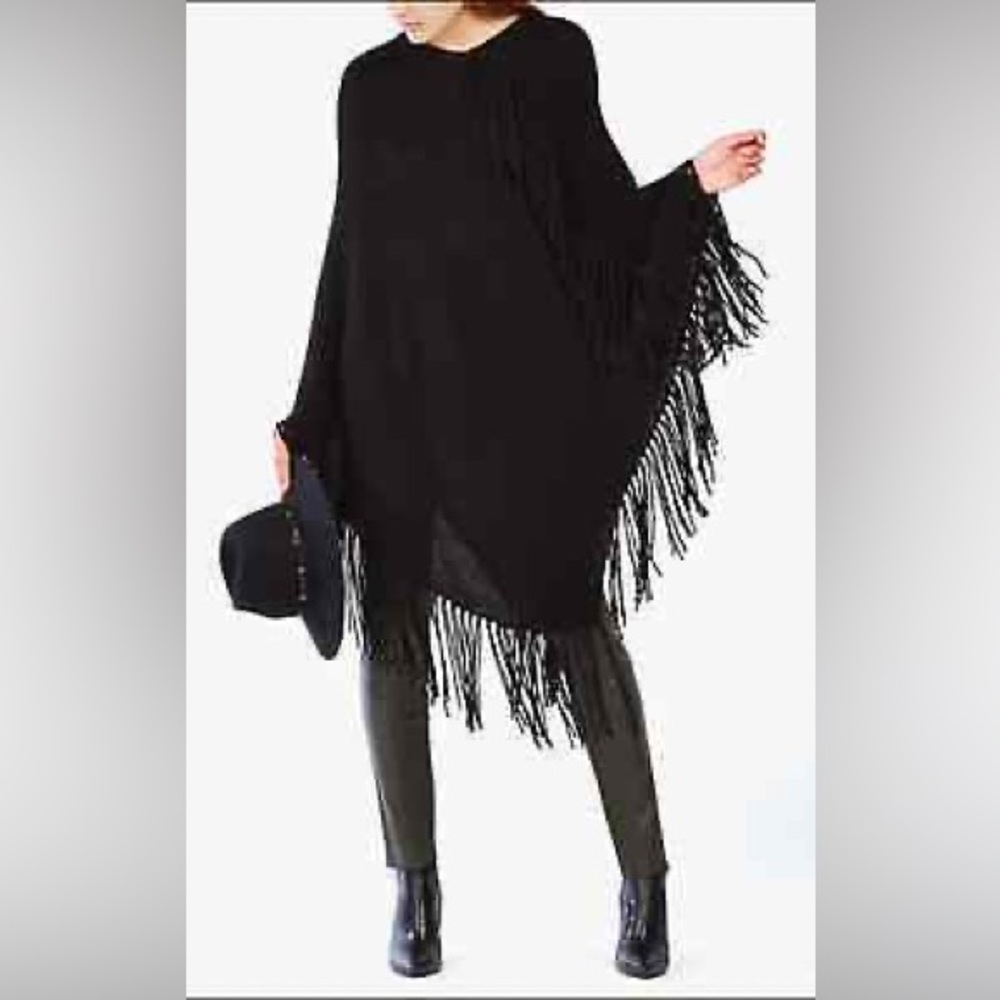 BCBGMAXAZRIA Black Fringe Poncho